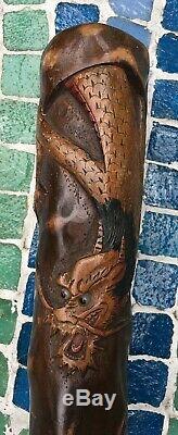 Antique Folk Art Cane Walking Stick Carved Dragon Tiger Chinese Japanese Asian