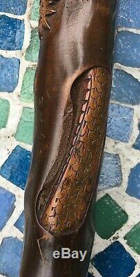 Antique Folk Art Cane Walking Stick Carved Dragon Tiger Chinese Japanese Asian