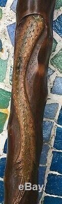 Antique Folk Art Cane Walking Stick Carved Dragon Tiger Chinese Japanese Asian