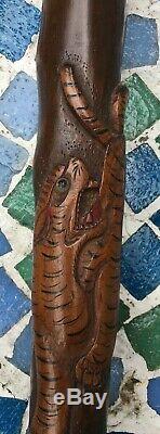 Antique Folk Art Cane Walking Stick Carved Dragon Tiger Chinese Japanese Asian