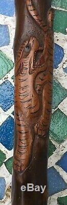 Antique Folk Art Cane Walking Stick Carved Dragon Tiger Chinese Japanese Asian