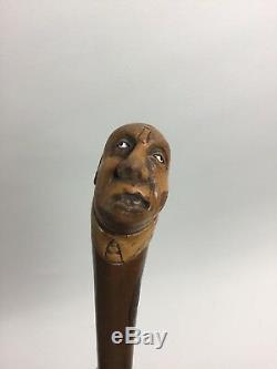 Antique Folk Art Cane Walking Stick Hand Carved mans head