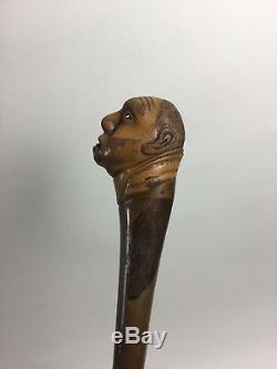 Antique Folk Art Cane Walking Stick Hand Carved mans head