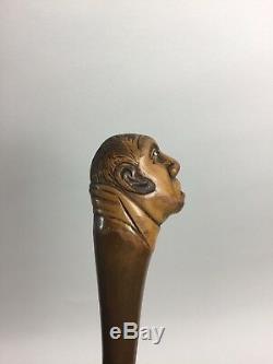 Antique Folk Art Cane Walking Stick Hand Carved mans head