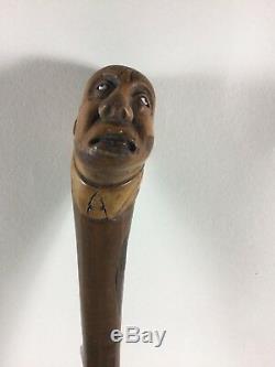 Antique Folk Art Cane Walking Stick Hand Carved mans head