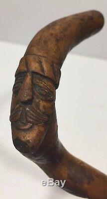 Antique Folk Art Carved Wood Walking Stick Cane Carved Face