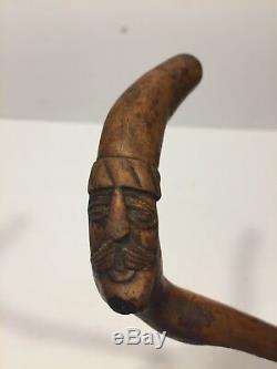 Antique Folk Art Carved Wood Walking Stick Cane Carved Face