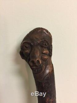 Antique Folk Art Carved Wood Walking Stick Cane Grotesque Face