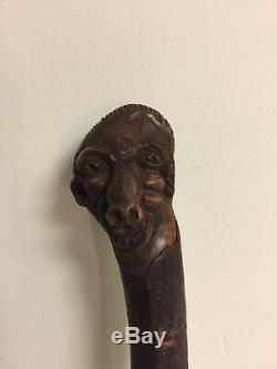 Antique Folk Art Carved Wood Walking Stick Cane Grotesque Face