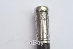 Antique Folk Art Engraved Sterling Silver Handle Carved Wood Cane/walking Stick