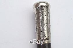 Antique Folk Art Engraved Sterling Silver Handle Carved Wood Cane/walking Stick