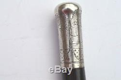 Antique Folk Art Engraved Sterling Silver Handle Carved Wood Cane/walking Stick