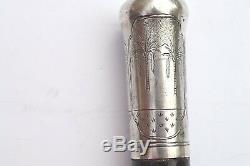 Antique Folk Art Engraved Sterling Silver Handle Carved Wood Cane/walking Stick