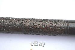 Antique Folk Art Engraved Sterling Silver Handle Carved Wood Cane/walking Stick