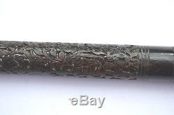 Antique Folk Art Engraved Sterling Silver Handle Carved Wood Cane/walking Stick