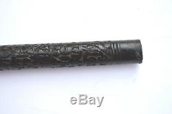 Antique Folk Art Engraved Sterling Silver Handle Carved Wood Cane/walking Stick