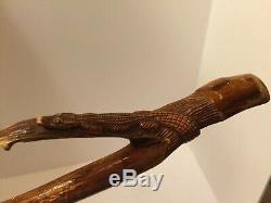 Antique Folk Art Hand Carved Alligator 35 Wood Walking Stick Americana
