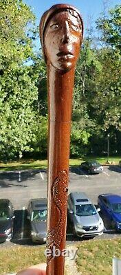 Antique Folk Art Hand Carved Face Snake Wood Cane Walking Stick