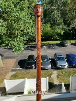 Antique Folk Art Hand Carved Face Snake Wood Cane Walking Stick