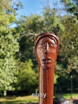Antique Folk Art Hand Carved Face Snake Wood Cane Walking Stick