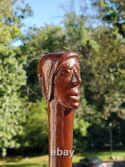 Antique Folk Art Hand Carved Face Snake Wood Cane Walking Stick