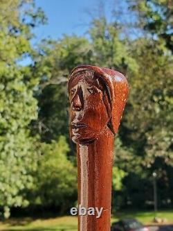 Antique Folk Art Hand Carved Face Snake Wood Cane Walking Stick