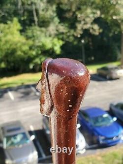 Antique Folk Art Hand Carved Face Snake Wood Cane Walking Stick