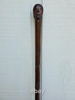 Antique Folk Art Hand Carved Face Snake Wood Cane Walking Stick