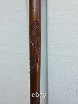 Antique Folk Art Hand Carved Face Snake Wood Cane Walking Stick