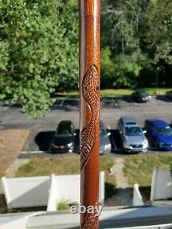 Antique Folk Art Hand Carved Face Snake Wood Cane Walking Stick