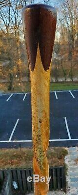 Antique Folk Art Hand Carved Inlaid Marquetry Wood Cane Walking Stick