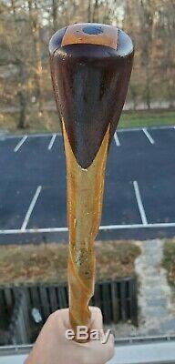 Antique Folk Art Hand Carved Inlaid Marquetry Wood Cane Walking Stick