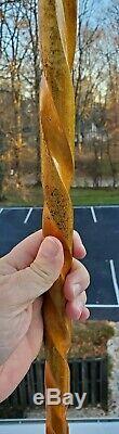 Antique Folk Art Hand Carved Inlaid Marquetry Wood Cane Walking Stick