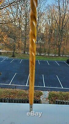 Antique Folk Art Hand Carved Inlaid Marquetry Wood Cane Walking Stick