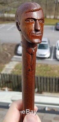 Antique Folk Art Hand Carved Wood Classy Man Face Head Tie Cane Walking Stick