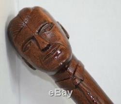 Antique Folk Art Hand Carved Wood Classy Man Face Head Tie Cane Walking Stick