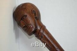 Antique Folk Art Hand Carved Wood Classy Man Face Head Tie Cane Walking Stick