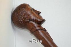 Antique Folk Art Hand Carved Wood Classy Man Face Head Tie Cane Walking Stick