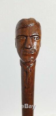 Antique Folk Art Hand Carved Wood Classy Man Face Head Tie Cane Walking Stick