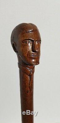 Antique Folk Art Hand Carved Wood Classy Man Face Head Tie Cane Walking Stick