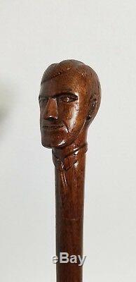 Antique Folk Art Hand Carved Wood Classy Man Face Head Tie Cane Walking Stick