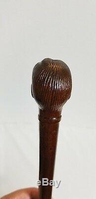 Antique Folk Art Hand Carved Wood Classy Man Face Head Tie Cane Walking Stick