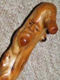 Antique Folk Art Rustic Chestnut Walking Cane/Stick-Hand-Carved Caricature Face