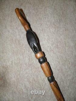Antique Folk Art Rustic Walking Stick With Hand-Carved Elephants Handle 88cm