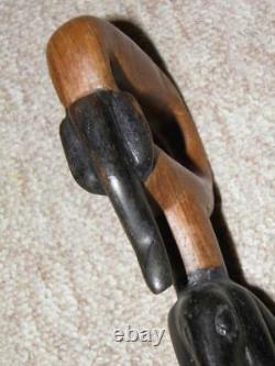 Antique Folk Art Rustic Walking Stick With Hand-Carved Elephants Handle 88cm