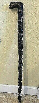 Antique Folk Art Walking Stick Cane 37 28+ Hand Carved Figures