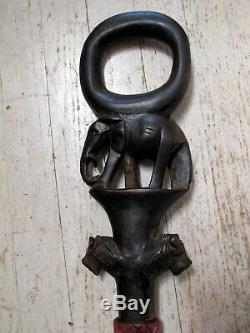 Antique Folk Art Wood Hand Carved Walking Stick / Cane with Elephant and Animals