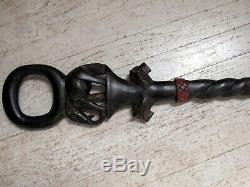 Antique Folk Art Wood Hand Carved Walking Stick / Cane with Elephant and Animals