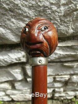 Antique Folk Art hand carved HEAD figural wood cane walking stick ALABASTER EYES