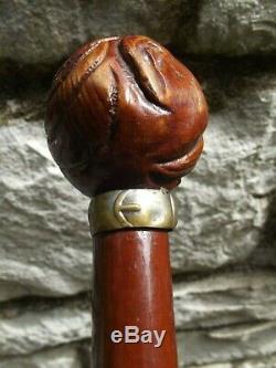 Antique Folk Art hand carved HEAD figural wood cane walking stick ALABASTER EYES
